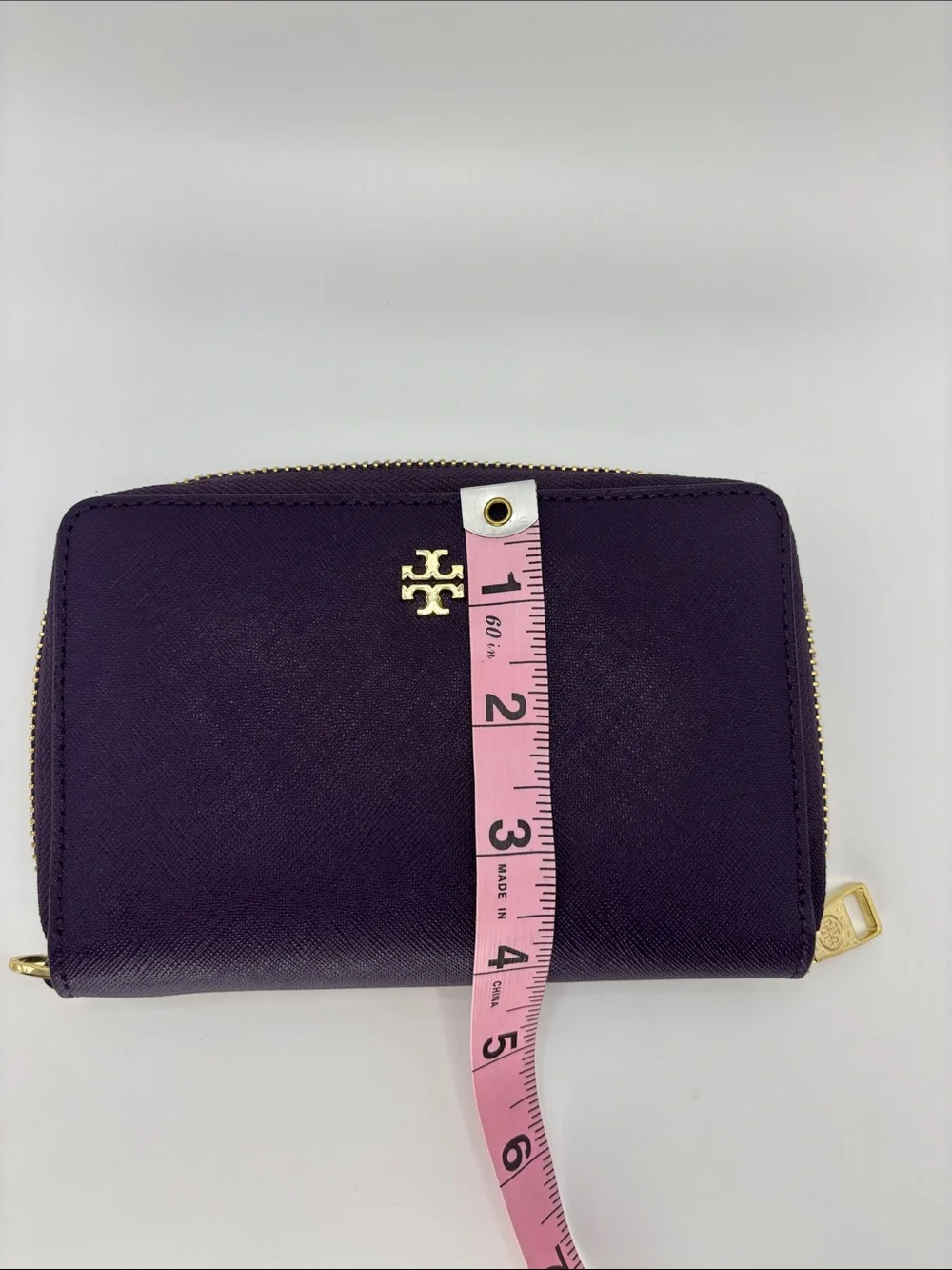 Tory Burch Deep Purple Leather Zip-Around Wallet with Gold Logo